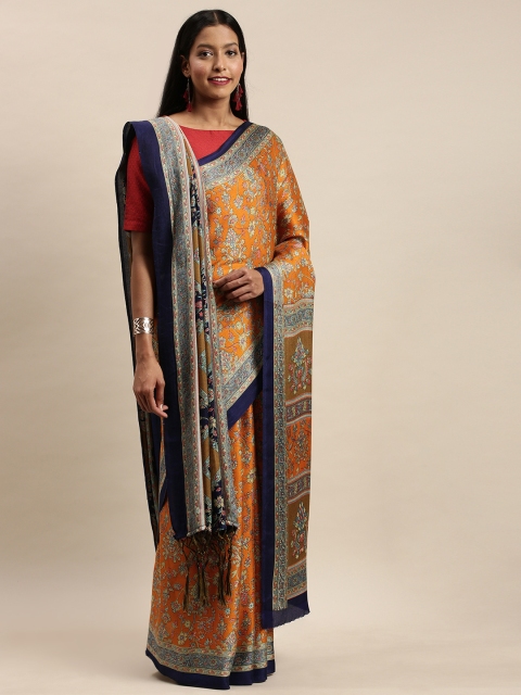 

VASTRANAND Orange & Navy Blue Ethnic Print Pashmina Saree with Shawl