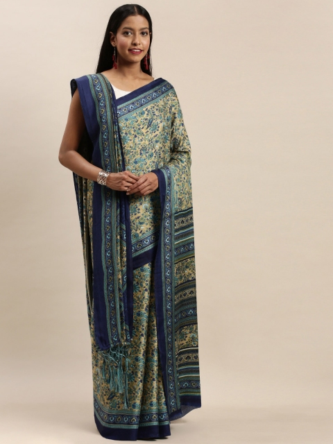 

VASTRANAND Navy Blue & Cream-Coloured Ethnic Floral Print Saree with Matching Shawl