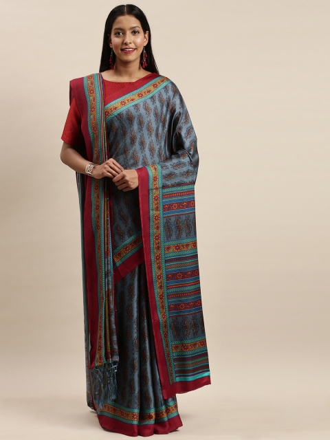 

VASTRANAND Grey & Red Ethnic Print Pashmina Saree with Shawl