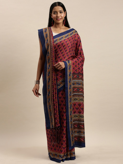

VASTRANAND Maroon & Navy Blue Ethnic Floral Print Saree with Matching Shawl