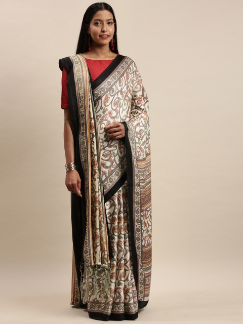 

VASTRANAND Off-White & Red Ethnic Print Pashmina Saree with Shawl