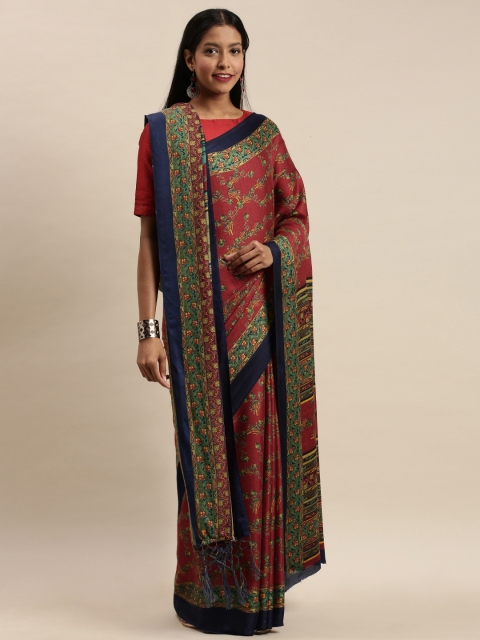 

VASTRANAND Red & Green Pashmina Woven Design Saree With Matching Shawl
