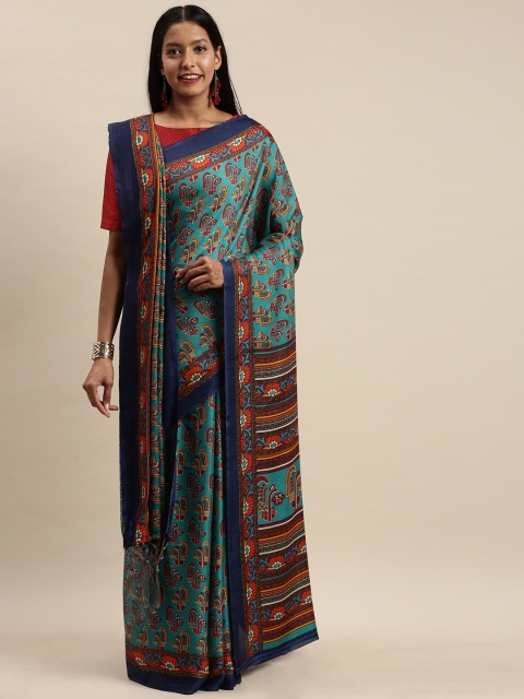 

VASTRANAND Blue & Red Ethnic Print Pashmina Saree with Shawl