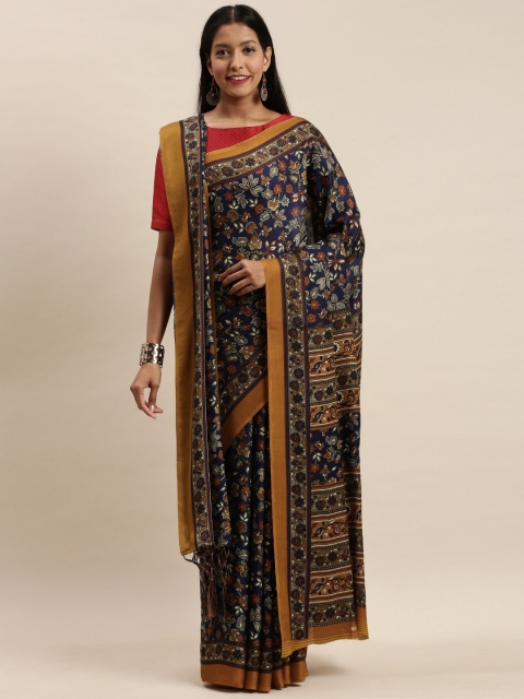 

VASTRANAND Navy Blue & Mustard Yellow Pashmina Woven Design Saree With Matching Shawl