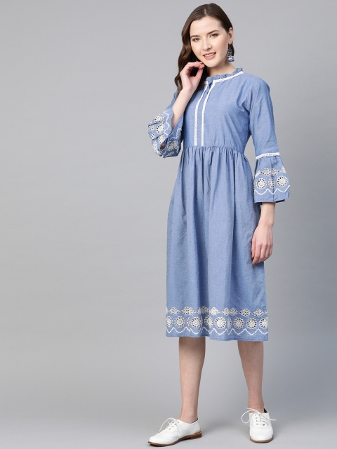 

Bhama Couture Women Blue Solid Schiffli Embroidered Detail Pure Cotton A-Line Dress
