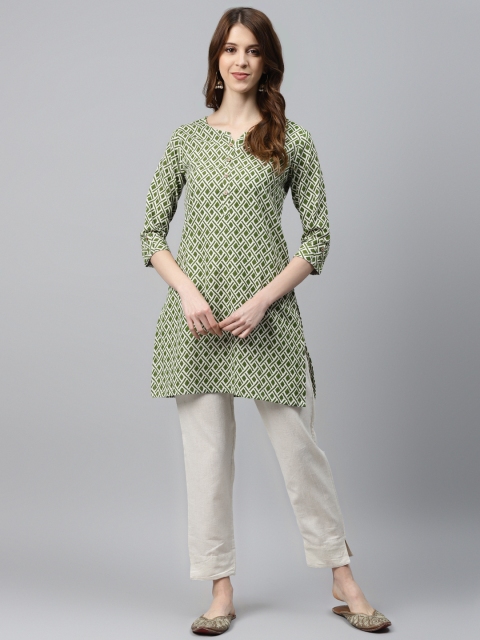 

Vasudha Women Green & Off-White Geometric Printed Kurta with Trousers