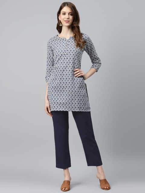 

Vasudha Women Navy Blue & Off-White Geometric Printed Kurta with Trousers