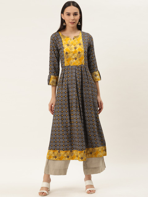 

Cottinfab Women Charcoal Grey & Mustard Yellow Pure Cotton Printed Anarkali Kurta