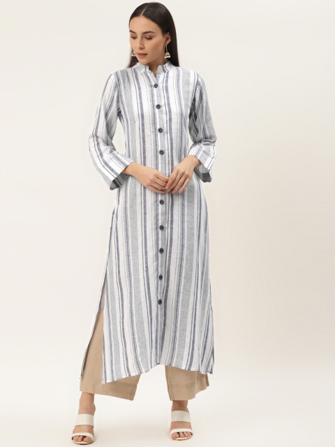 

Cottinfab Women White & Blue Pure Cotton Striped Straight Kurta