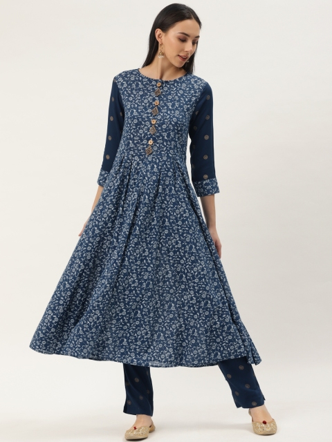 

Cottinfab Women Navy Blue & White Printed High-Slit Kurta with Trousers