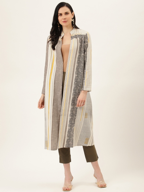 

Sera Women White & Charcoal Grey Geometric Print Open Front Pure Cotton Longline Shrug