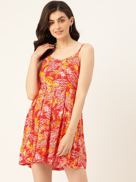 

Sera Women Coral Orange & Mustard Yellow Printed A-Line Dress