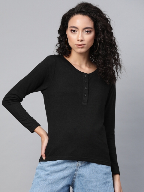 

SASSAFRAS Women Black Solid Henley Neck T-shirt
