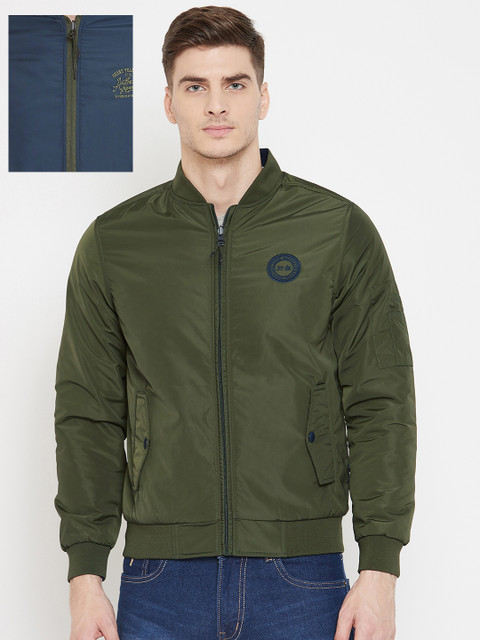 

Okane Men Olive Green Solid Reversible Bomber Jacket