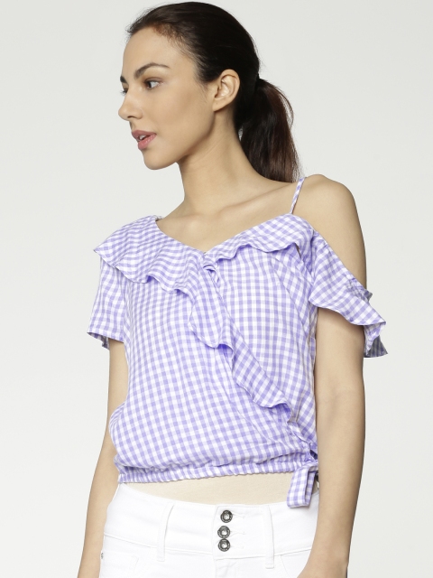 

ONLY Women Lavender & White Checked Crop Wrap Top with Waist Tie-Ups