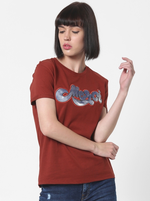

ONLY Women Rust Red Applique Round Neck Pure Cotton T-shirt