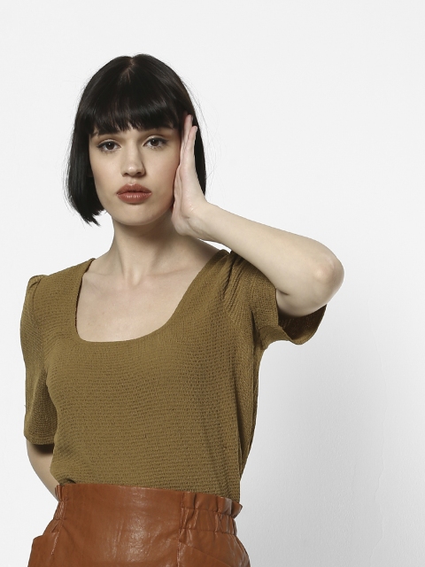 

ONLY Women Brown Smocked Top with Tie-Ups