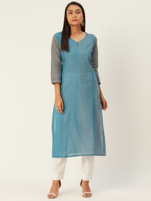 

DIVA WALK Women Blue & Grey Striped Cotton Straight Kurta