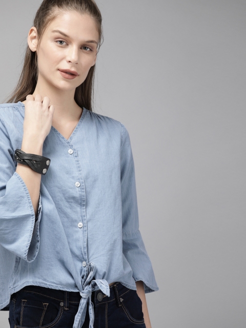 

Roadster Women Blue Solid Denim Top with Waist Tie-up