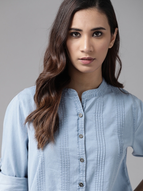 

Roadster Women Blue Regular Fit Pure Cotton Solid Pin Tucks Denim Shirt