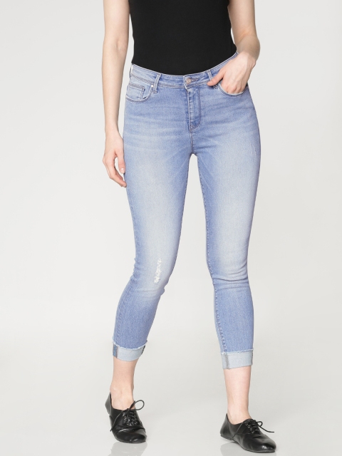 

ONLY Women Blue Piper Skinny Fit High-Rise Low Distress Stretchable Cropped Jeans