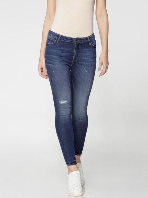 

ONLY Women Blue Piper Skinny Fit High-Rise Low Distress Stretchable Jeans