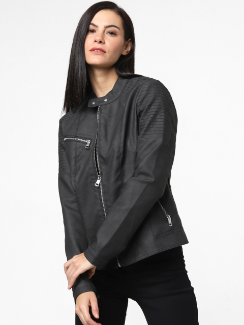 

ONLY Women Black Solid Biker Jacket with Zip Detailing