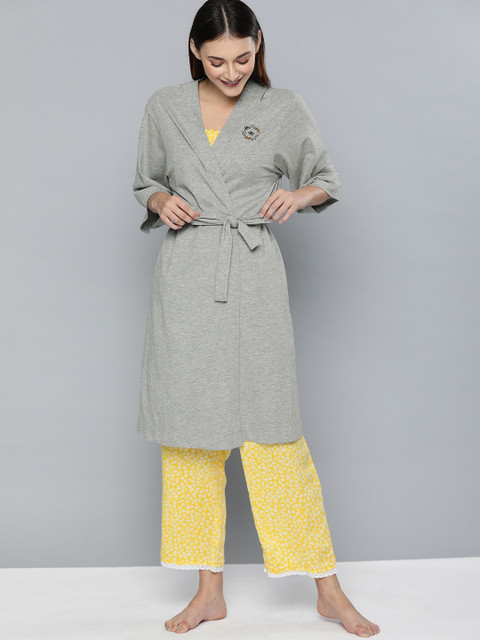 

Chemistry Women Yellow & White Printed Night Suit with Grey Robe