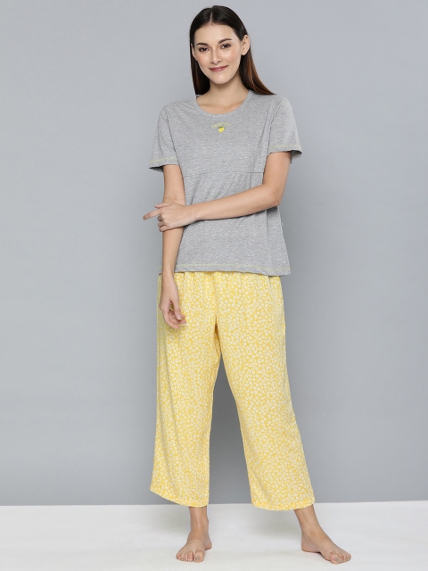 

Chemistry Women Grey Solid Tshirt & Yellow Printed Pyjamas Night suit