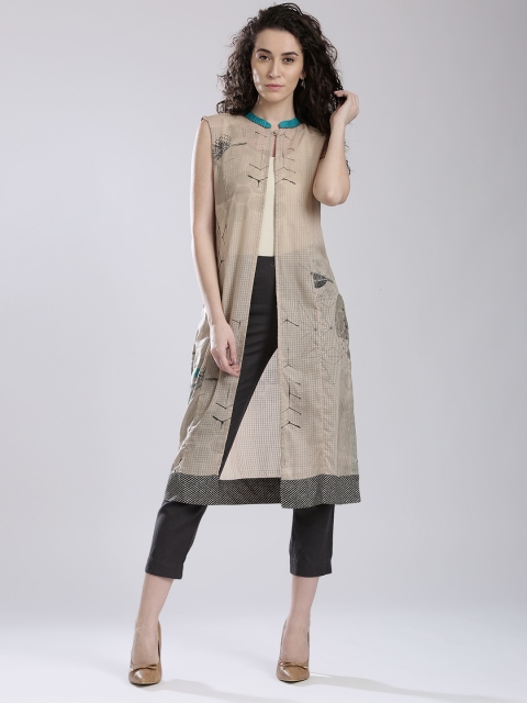 

W Beige Self-Checked Printed Semi-Sheer Longline Shrug