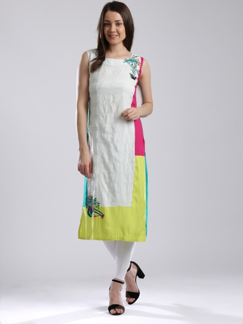 

W White & Sea Green Embroidered Detail Kurta