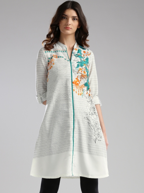 

W White Polyester Striped Printed A-Line Kurta
