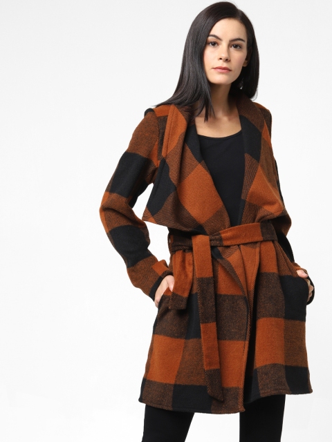 

ONLY Women Rust Brown & Black Checked Hip Length Overcoat