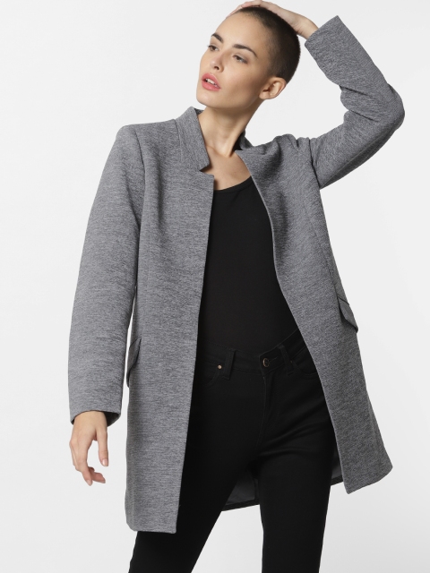 

ONLY Women Grey Melange Self Striped Hip Length Overcoat