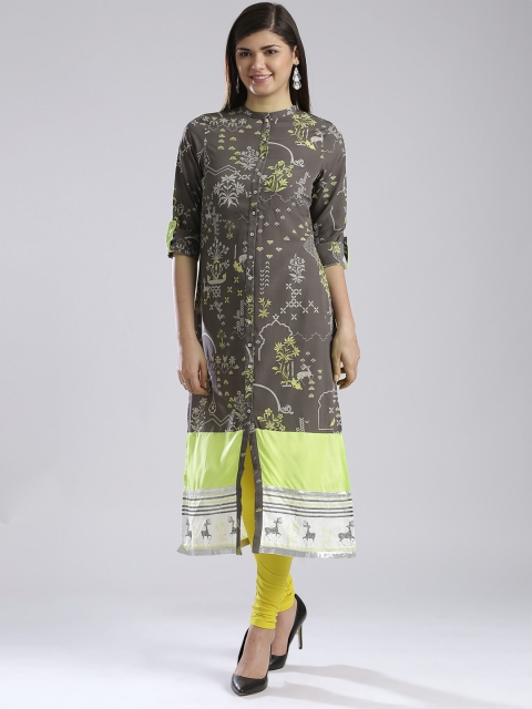 

W Taupe Polyester Floral Print Panelled Kurta