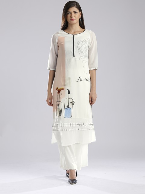 

W White & Black Polyester Printed Kurta