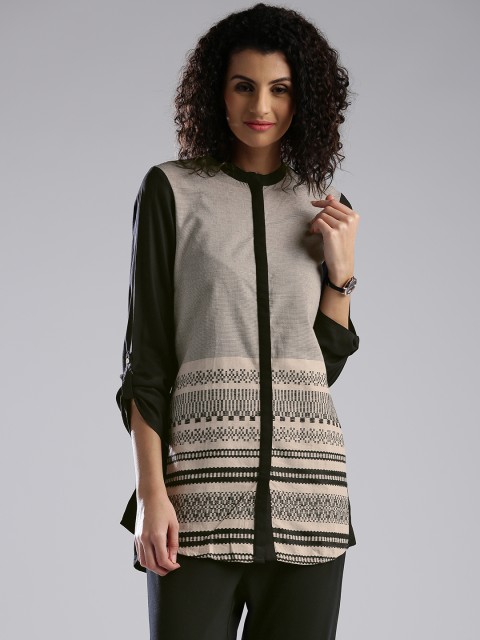 

W Beige & Black Self-Striped Panelled Shirt