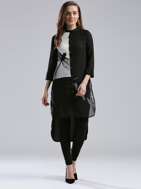 

W Black Polyester Quirky Printed Panelled High-Low Kurta
