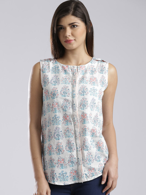 

W White & Blue Printed Self-Striped Top