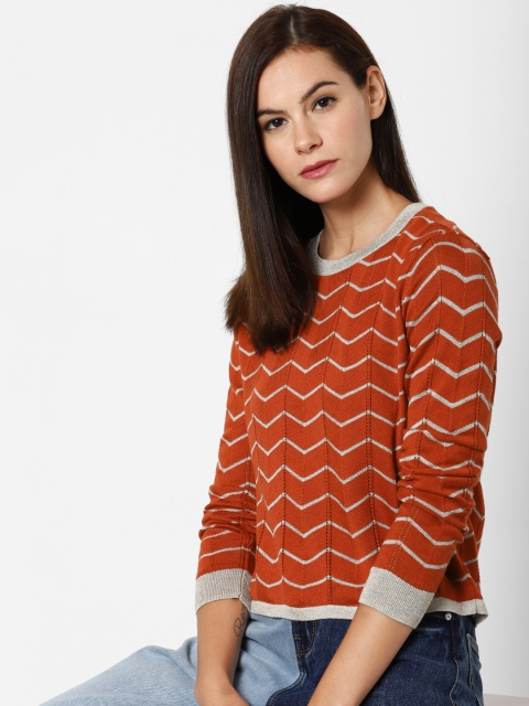 

ONLY Women Rust Orange Printed Pullover Sweater