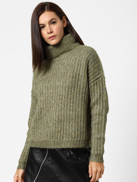 

ONLY Women Olive Green Self Design Pullover Sweater
