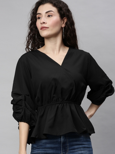 

RHHENSO Women Black Solid Peplum Top With Gathers