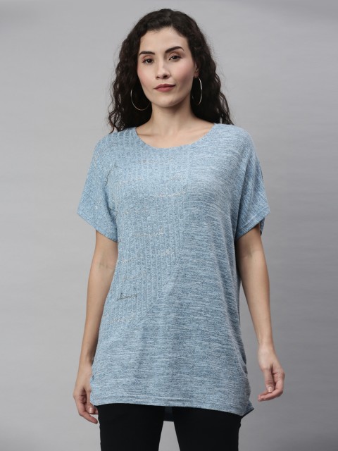 

RHHENSO Women Blue Shimmer Detail Longline Vegan T-shirt