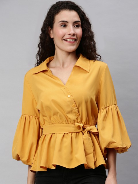 

RHHENSO Women Mustard Yellow Solid Cinched Waist Top with Tie-Up Detail