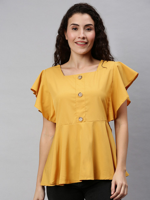 

RHHENSO Women Mustard Yellow Solid Flutter Sleeved A-Line Top with Tie-Ups