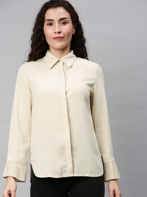 

RHHENSO Women Beige Bell Sleeves Solid Shirt Style Top