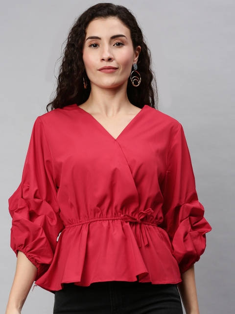

RHHENSO Women Red Solid Wrap Top with Gathers & Tie-Up Detail