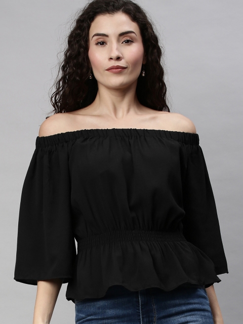 

RHHENSO Women Black Solid Bardot Top With Flared Sleeves