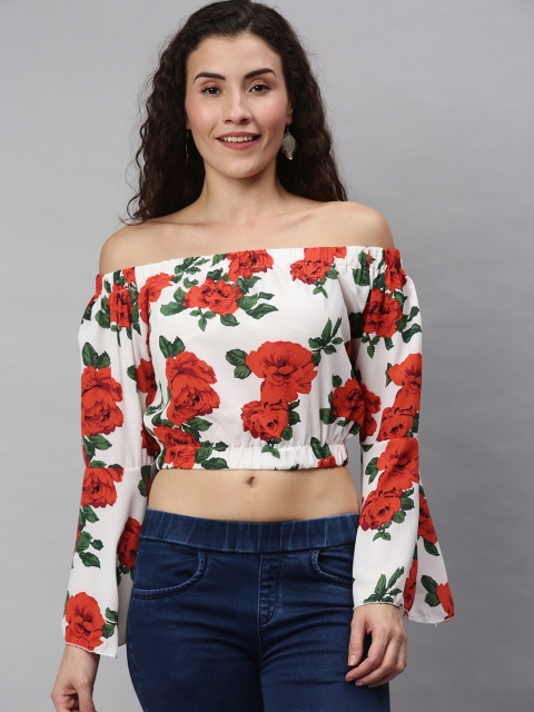 

RHHENSO Women White And Red Long Bell Printed Blouson Top