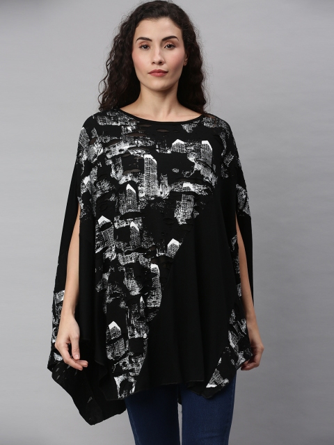 

RHHENSO Women Black And white Printed Longline Top